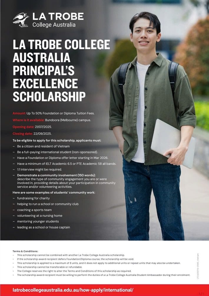 Học bổng Principal’s Excellence trị giá 50% từ La Trobe College