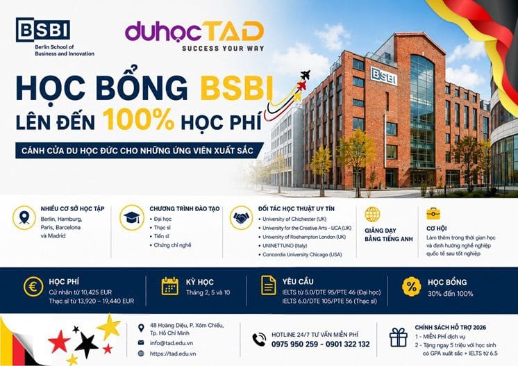 Du học Đức với HỌC BỔNG TOÀN PHẦN up to 100% từ BSBI
