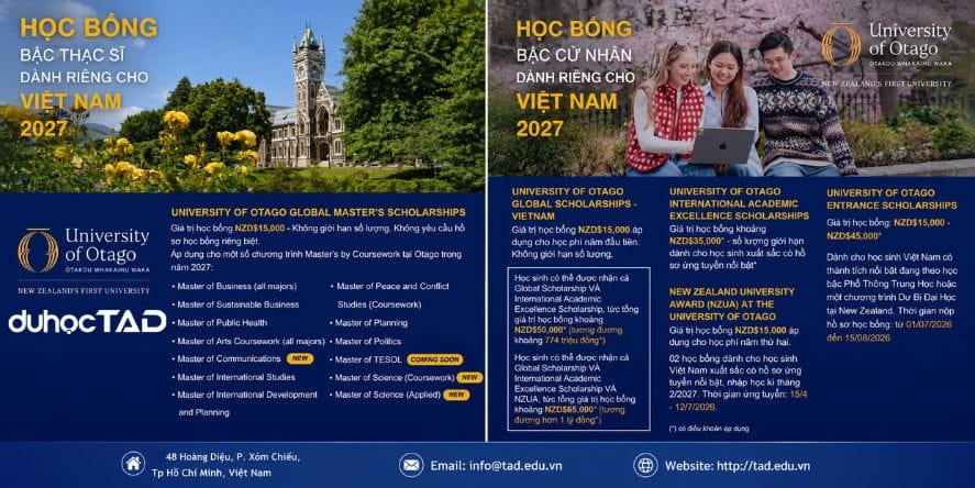Đại học Otago cấp học bổng 65,000 NZD cho sinh viên Việt Nam