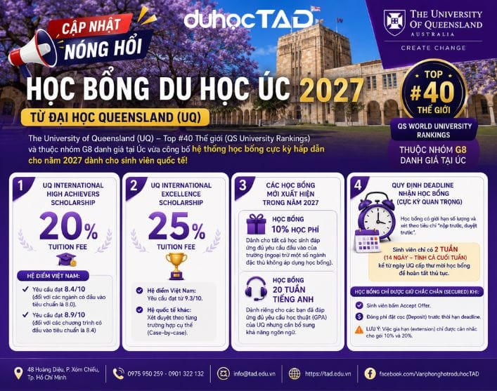 Học bổng 2027 nóng hổi từ Đại học Queensland - G8 Úc